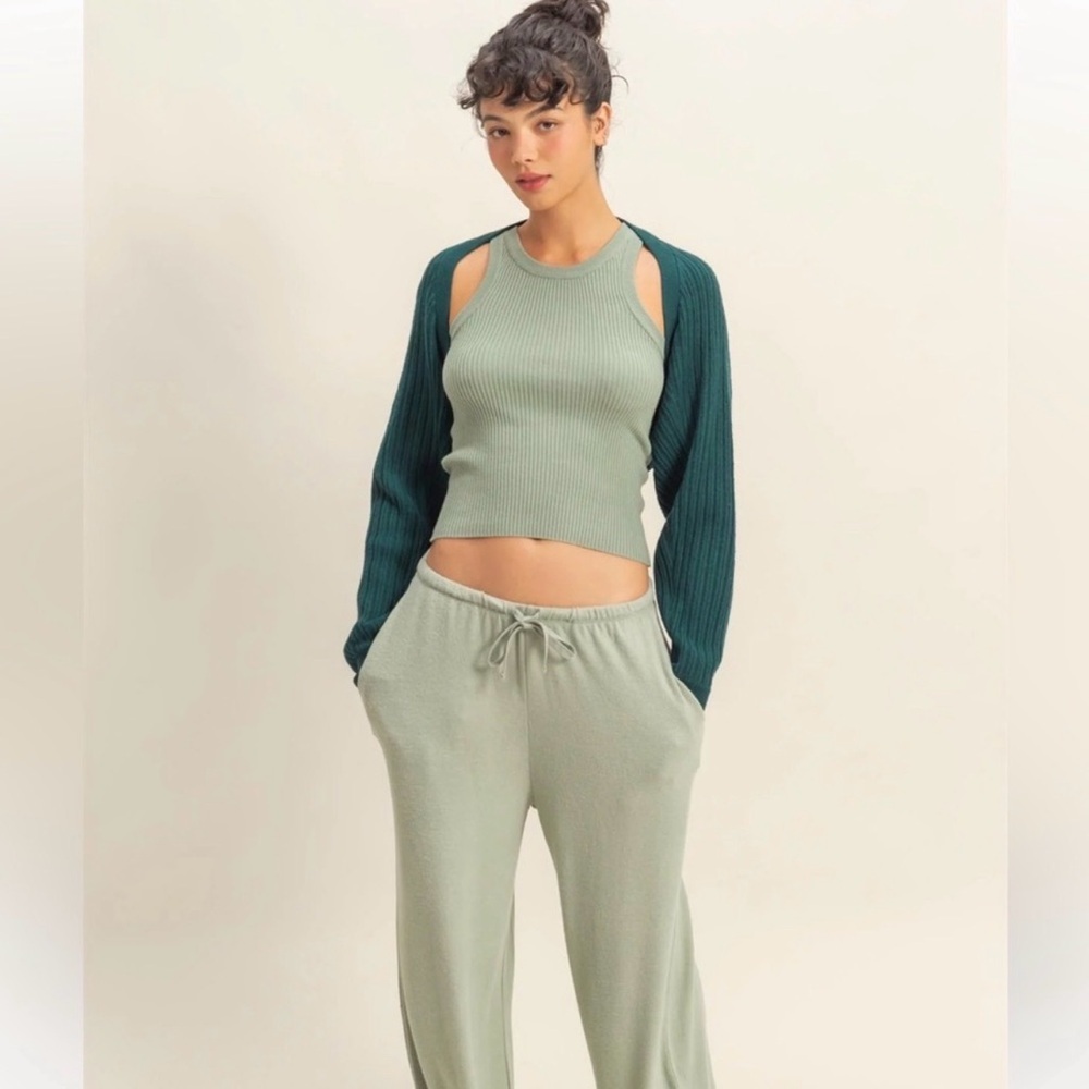 NEW Double Zero Green Ribbed Knit Cropped Bolero Cardigan Open Front Size Large